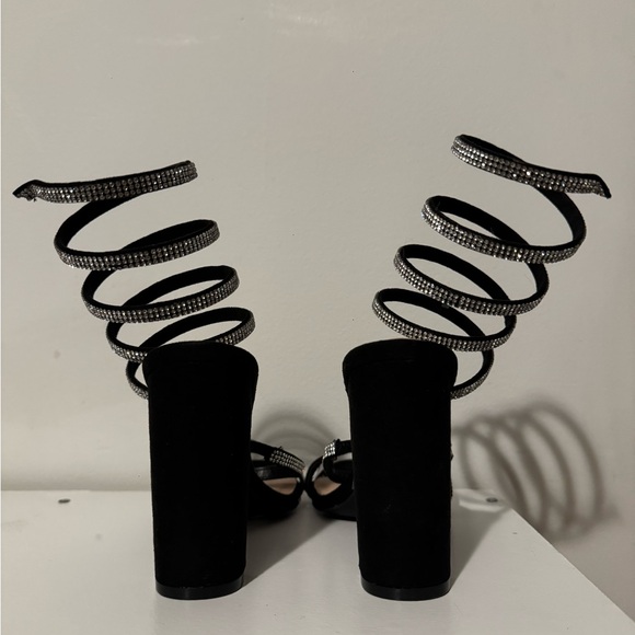 Wild Diva Spiral Rhinestone Strappy Ankle Chunky Block Heels - Black - Picture 5 of 8